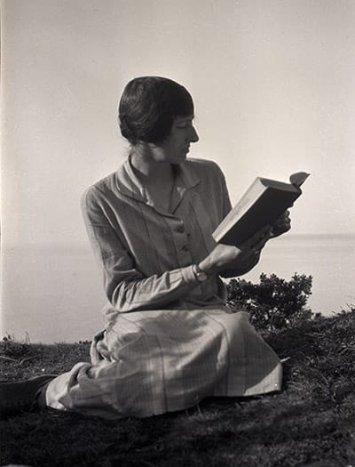 Judith Ackland reading a book at Bucks Mills
