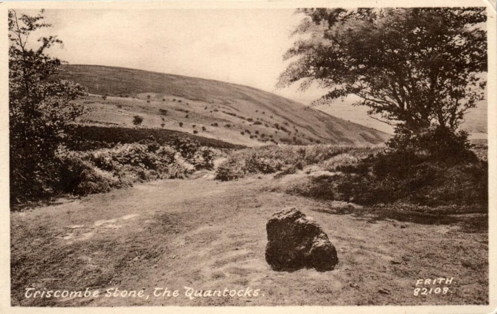 Old postcard showing Triscombe Stone, just off Wills Neck in the Quantocks