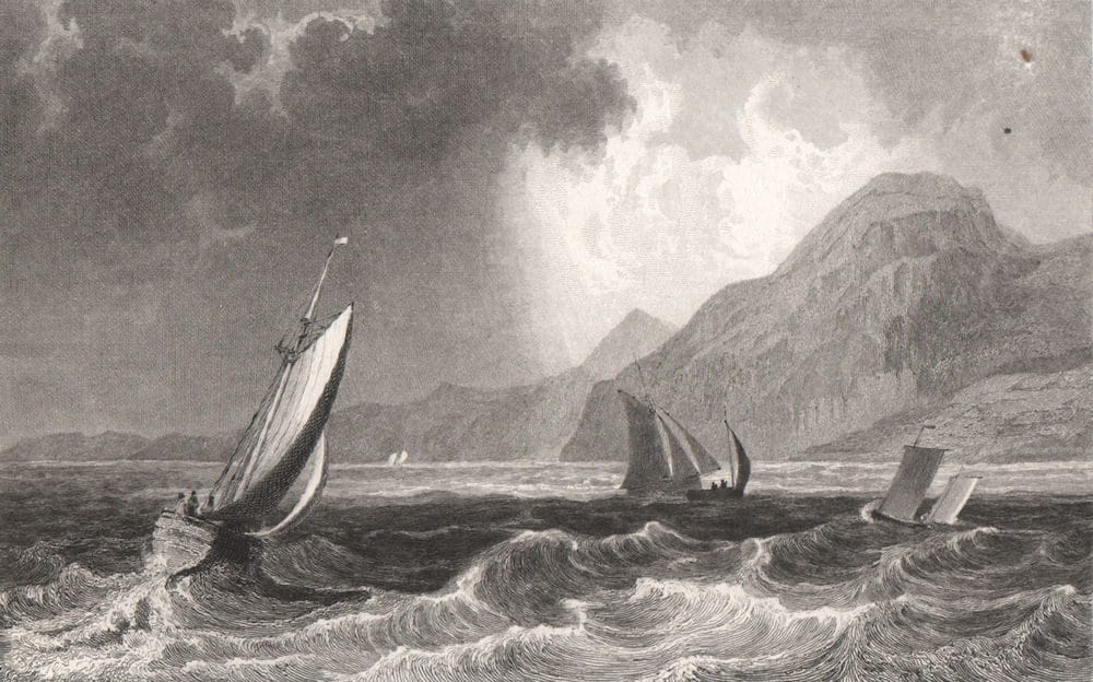 Sailing boats at sea, engraving from 1835